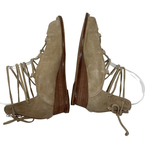 Vince Camuto Rochela Suede Wedge Size 7.5 Sandal Lace-up Tan Peep Toe - Picture 5 of 13